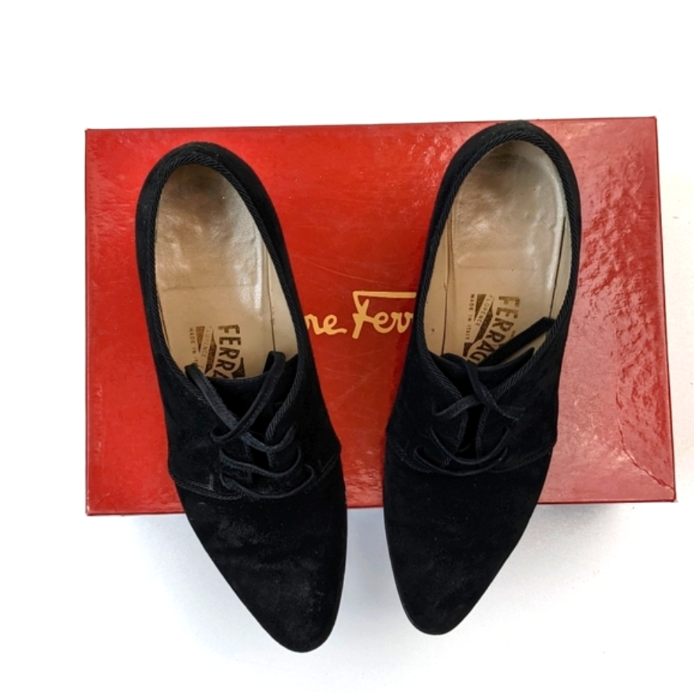 Salvatore Ferragamo Black Velvet Leather Laced Pumps